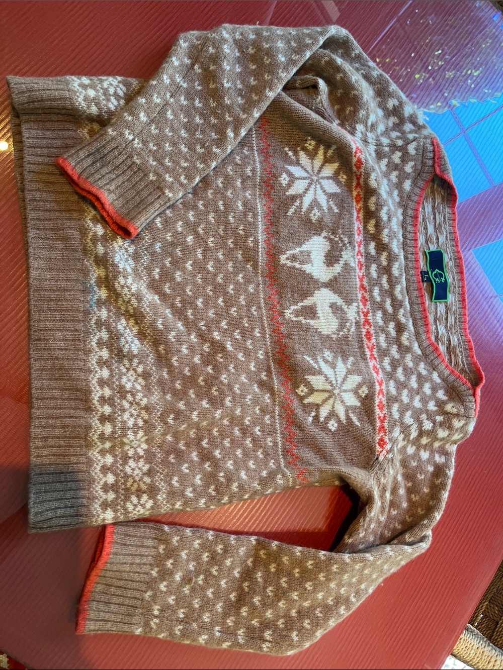 C. Wonder Brown Fair Isle Crewneck Sweater with Coral Trim